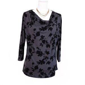 Liz Claiborne Black on Gray Floral Prints Long Sleeve Asymmetrical Blouse Size M